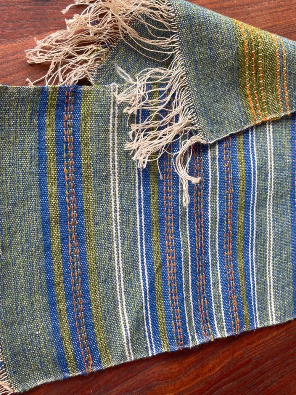 Mid Century Chimayo Rio Grande Green Blue Orange Stripe Wool Weaving